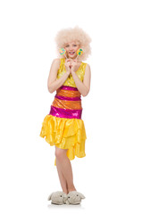 Curly woman holding lolly pop isolated on white