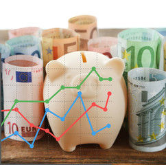 Business accounting concept. Piggy bank with rolled euro banknotes isolated on white