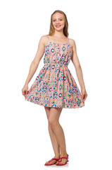 Blondie caucasian girl in summer light dress isolated on white