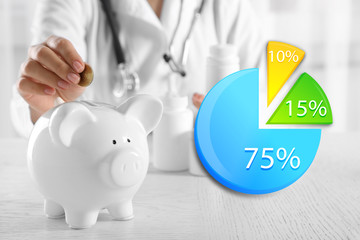 Business accounting concept. Doctor hands putting coin into piggy bank at table closeup