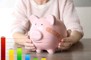 Business accounting concept. Woman holding Piggy Bank with adhesive bandage