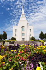 The Temple in Kansas City Missouri with colorful flowers in the foreground 