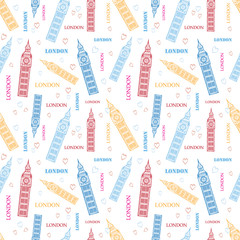 Vector London Symbols Colorful Seamless Pattern With Big Ben Tower, Hearts and Words. Prefect for travel themed backgrounds, cards, packaging, wallpaper.