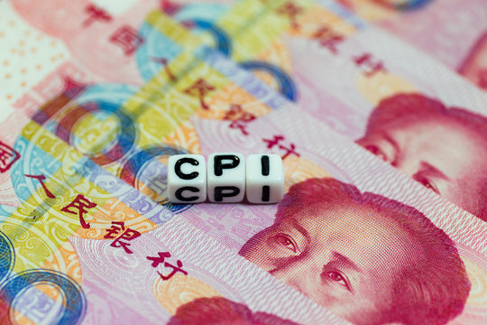 White cube blocks with the text, CPI, on Chinese currency