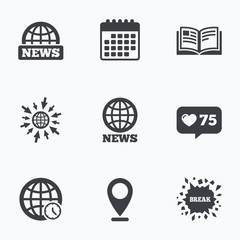 News icons. World globe symbols. Book sign.