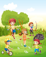 Obraz na płótnie Canvas Kids exercising in the garden
