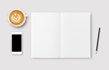 Blank open notebook with coffee cup and phone, Business template