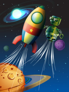 Rocket and robot flying in the space