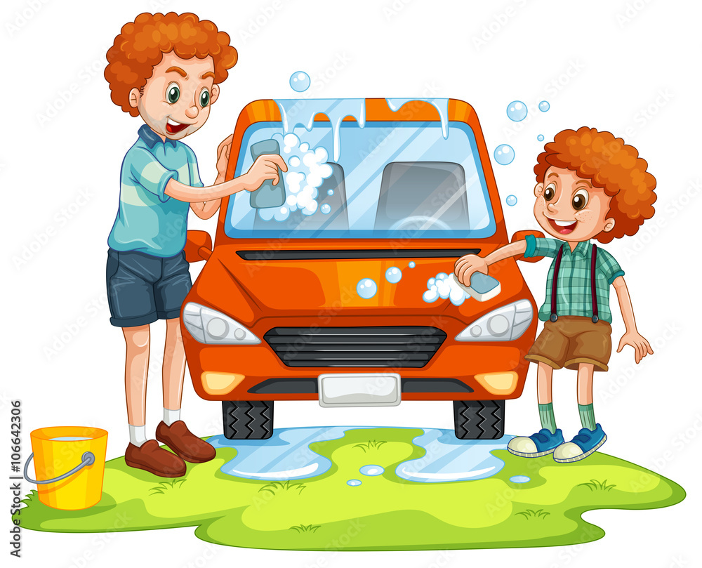 Poster Father and son washing car