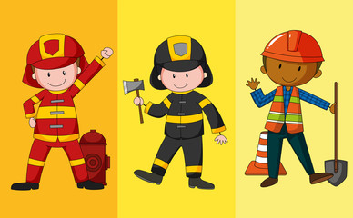 Fire fighters and construction worker