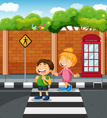 Two kids crossing the  street