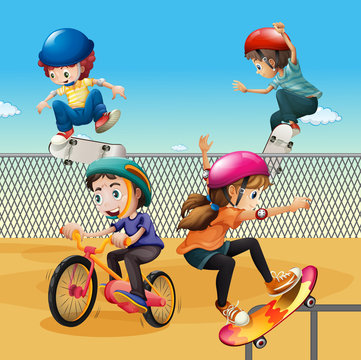 Children riding bike and skateboarding