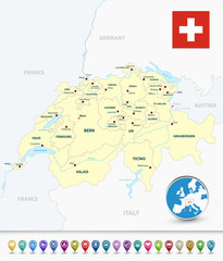 Switzerland outline map with bubble map markers