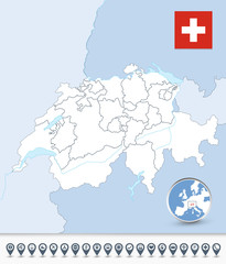 Obraz premium Switzerland outline map with map markers