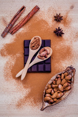 Brown chocolate powder in spoon , Roasted cocoa beans in the dry