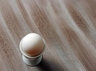 Overhead view of white egg  in an egg cup on a textured wooden background with copy space.