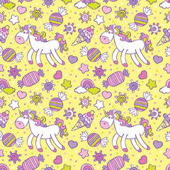 Unicorn. Ice cream, candy. Rainbow and cloud. Sprockets, hearts and circles. Vector seamless pattern (background).