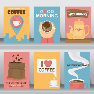 Retro design of Coffee Posters Set. can be use for background, backdrop, greeting and invitation card.  there are tea pot, coffee cup, bag and  bean. layout template in A4 size. vector illustration.