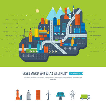 Green energy, ecology, eco, urban landscape and industrial factory buildings