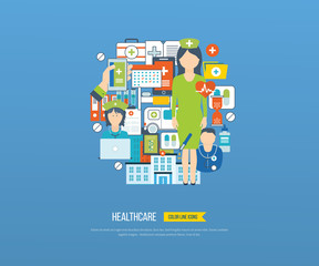 Naklejka premium Vector illustration concept for healthcare, medical help and research.