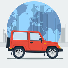 Vector illustration jeep car on town background