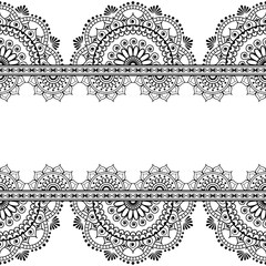 Seamless pattern mehndi Indian borders with mirrored flowers and geometric elements for tattoo.