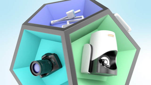 Dental equipment in pentagon cube. Seamless loop in 4K. Concept for digital dentistry.