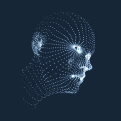 Head of the Person from a 3d Grid. Human Head Model. Face Scanning. View of Human Head. 3D Geometric Face Design. 3d Covering Skin. Geometry Man Portrait. Can be used for Avatar, Science, Technology