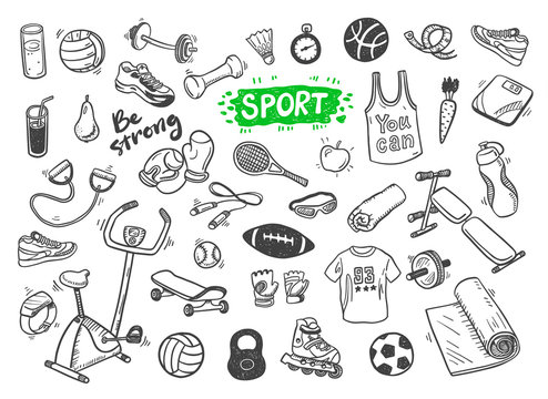 Hand drawn vector illustration set of fitness and sport sign and symbol doodles elements.