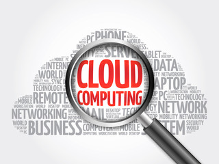 Cloud Computing word cloud with magnifying glass, business concept