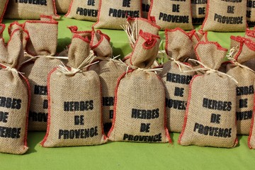 Small sacks of Herbes de Provence presented on a french market