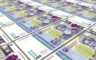 Tajikistani Somoni bills stacks background. 3D illustration.