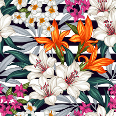 Tropical floral seamless pattern. Tropical flowers and leaves on geometric background