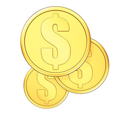 Three gold coins on a white background.