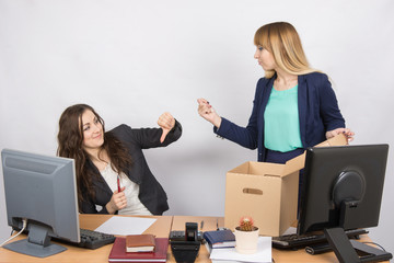Office employee humiliating gesture of laid-off colleagues who fights back