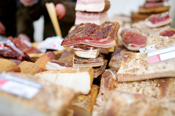 Selection of assorted home made sausages on a farmer's market