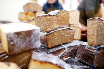 Loaves of organic bread for sale at outdoor farmers market