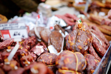 Selection of assorted home made sausages on a farmer's market
