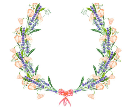 Wreath with the floral design; elements of the lavender, wildflowers and eustoma flowers, hand-drawn in a watercolor;  decoration for a wedding, greeting card on a white background