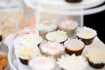 Beautiful desserts, sweets and candy table at wedding reception