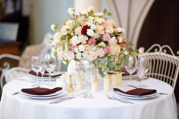 Beautiful table set for some festive event or wedding reception