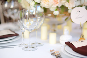 Beautiful table set for some festive event or wedding reception