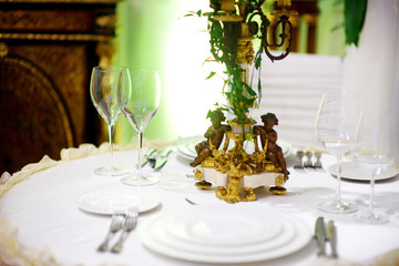 Beautiful table set for some festive event or wedding reception
