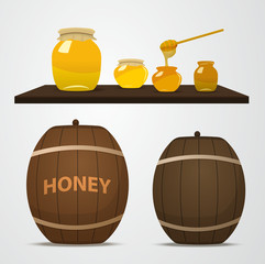 A set of barrels of honey for the apiary and cans that are on th