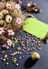 Easter decorations.Eggs in nest with spring flowers