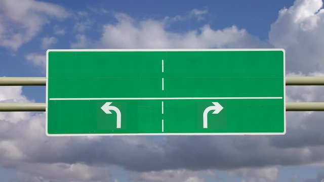 Animation of traveling towards a blank overhead road sign of a road dividing in opposite directions with a background of time lapse clouds. Making a choice. Going no where. Split to an empty future.