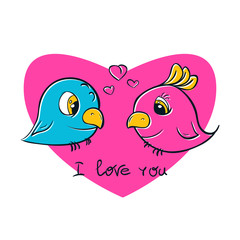 Pretty birds for t-shirt print. Birds love. I love you postcard.