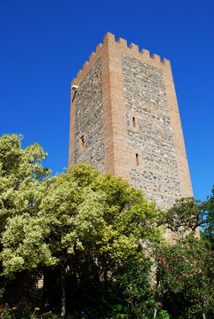 View of the Arabic castle tower with trees in the foreground, Velez Malaga.