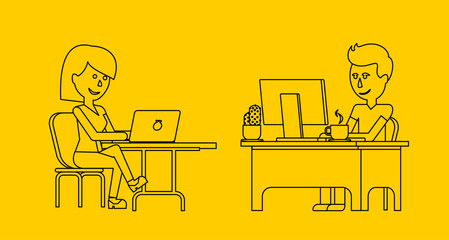 People Work in Office Design Flat