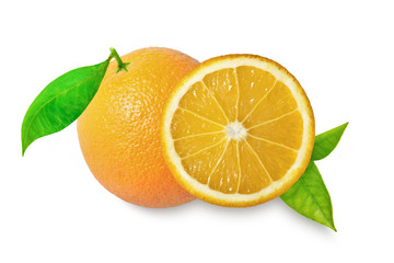 Fototapeta na wymiar Orange fruit with leaves isolated on white background